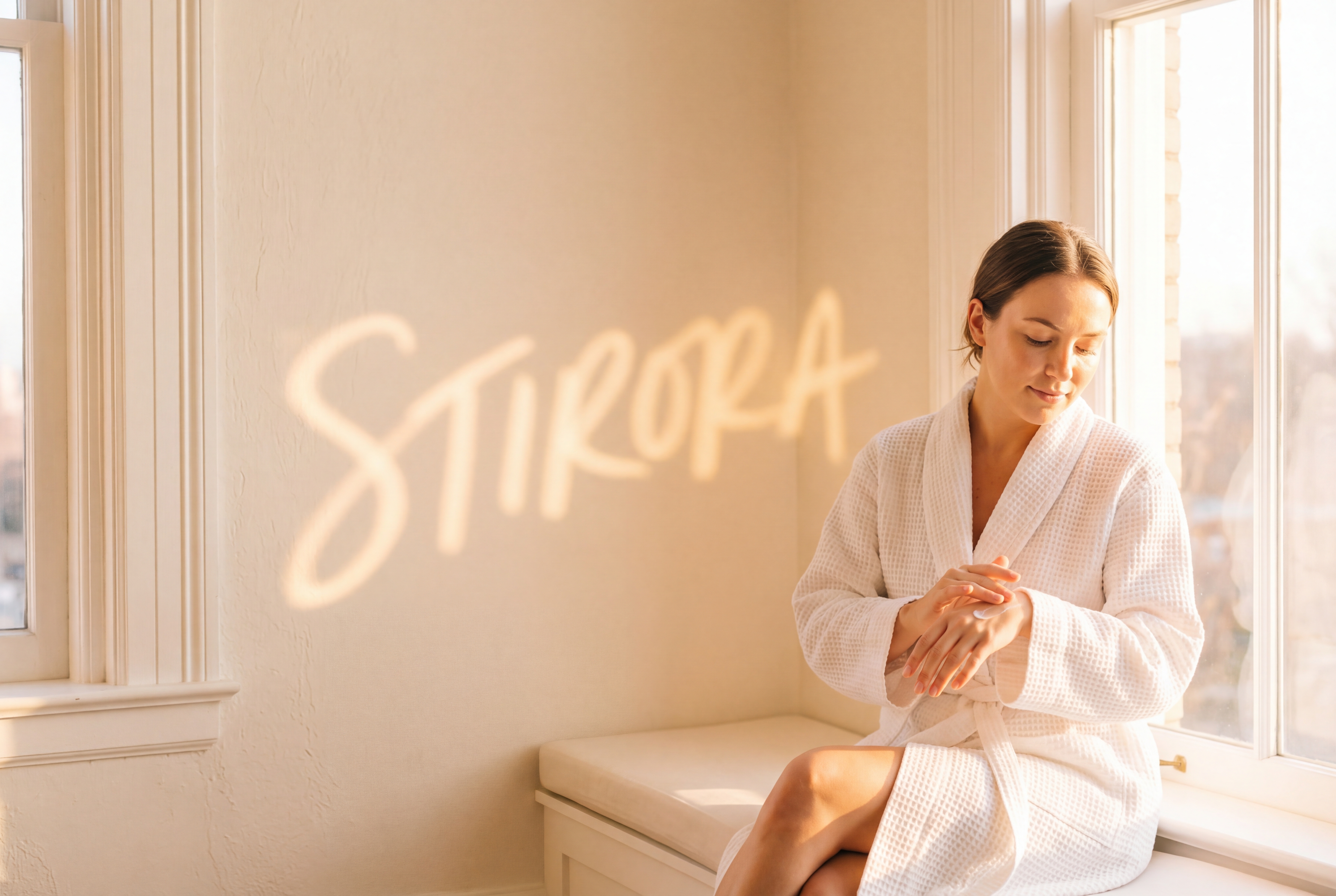 Stirora branding projected in golden morning light